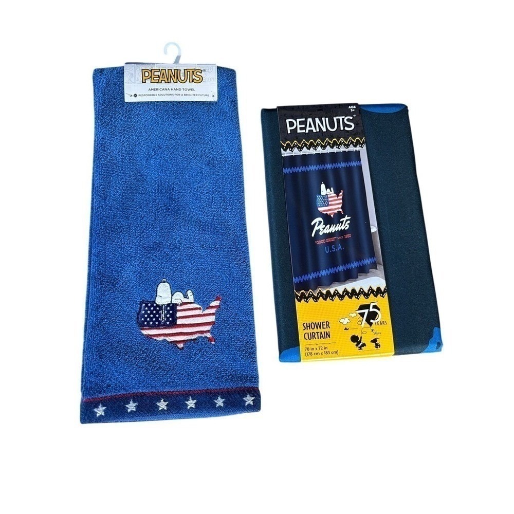Peanuts Blue Snoopy Patriotic America Shower Curtain Embroidered Hand Towel NEW